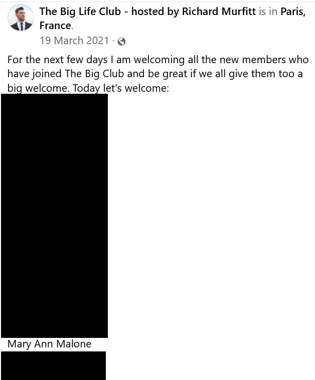 Richard Murfitt naming members of his Big Life Club inspired by Cult Leader Tony Quinn